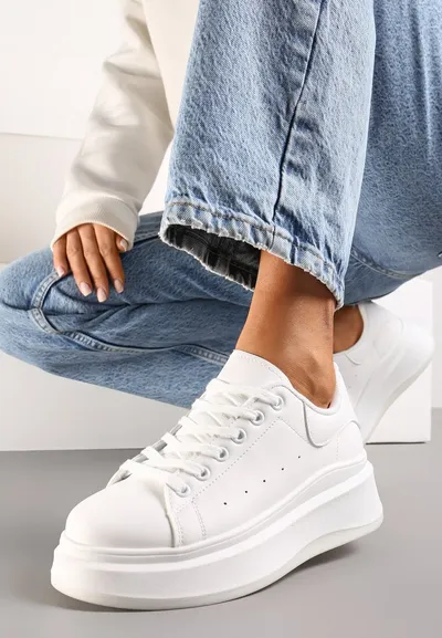 Renee Białe Sznurowane Sneakersy z Imitacji Skóry na Platformie Filamena
