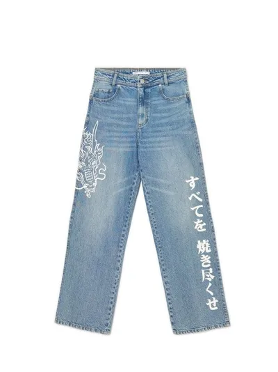 Cropp Niebieskie jeansy wide leg z nadrukiem smoka
