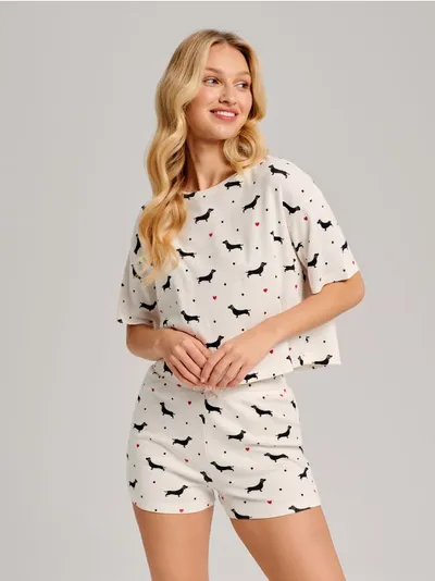 Sinsay Dwuczęściowa piżama z ozdobnym nadrukiem, wykonana z bawełny z domieszką wiskozy oraz elastycznych włókien. - kremowy