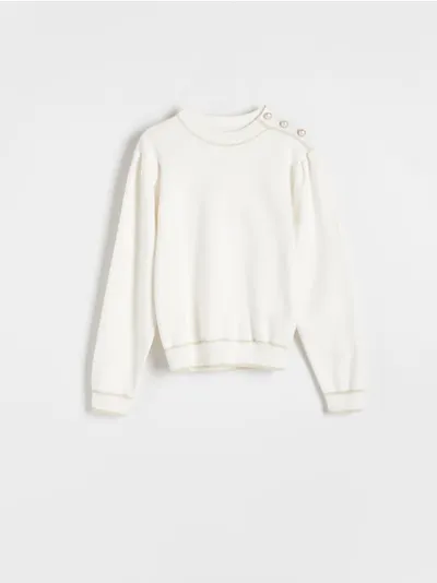 Reserved Sweter z kolekcji PREMIUM, wykonany z gładkiej, bawełnianej dzianiny z domieszką wełny. - złamana biel