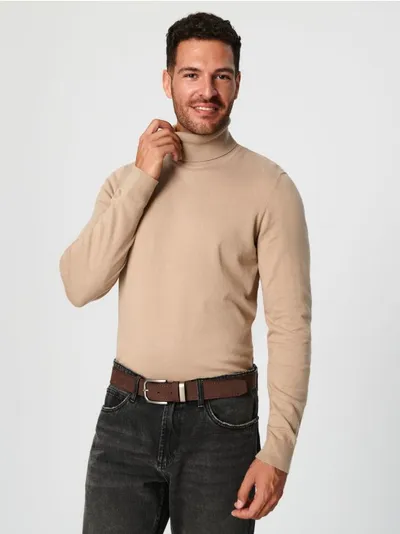 Sinsay Dopasowany sweter z golfem uszyty z bawełny z domieszką wytrzymałego materiału. - beżowy