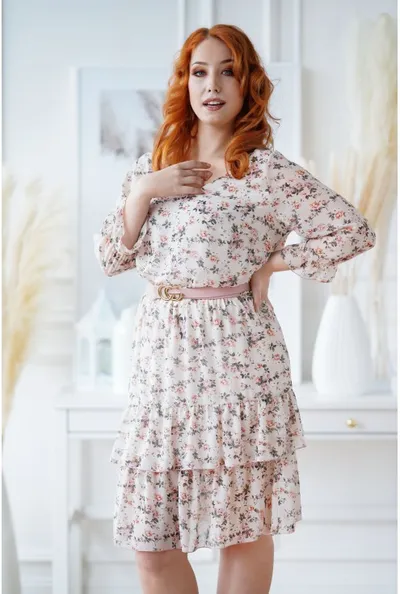 XL-ka Beżowa sukienka z drobnymi kwiatkami - Coralie