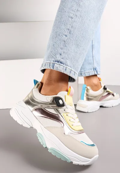 Renee Biało-Złote Sneakersy z Metalicznymi Wstawkami na Grubej Podeszwie Tahara