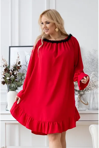 XL-ka Czerwona sukienka hiszpanka z czarną falbanką przy dekolcie - RENEL