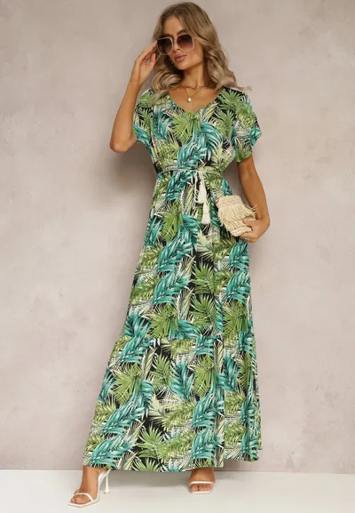 Renee Zielono-Czarna Maxi Sukienka z Wiskozy w Kwiatowy Print ze Sznurkiem w Talii Anukka
