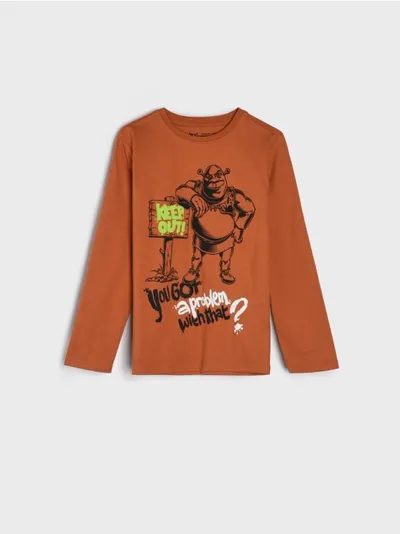 Sinsay Wygodna koszulka wykonana z bawełnianej dzianiny i z ozdobnym nadrukiem Shreka. - brązowy