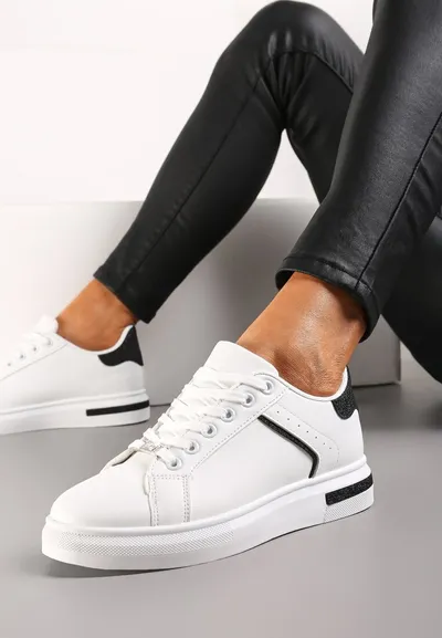 Renee Biało-Czarne Sznurowane Sneakersy z Ekoskóry z Błyszczącym Detalem Marnitta