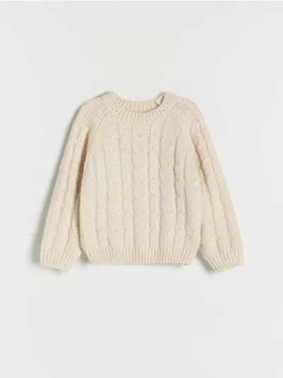 Reserved Sweter o klasycznym kroju, wykonany z dzianiny z domieszką bawełny. - złamana biel