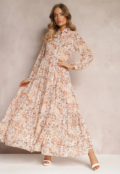 Renee Różowa Koszulowa Sukienka Maxi w Kwiaty z Falbaną na Dole Nilmisse