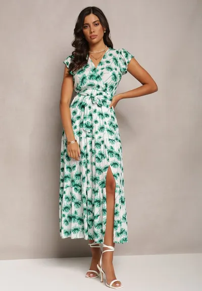 Renee Zielona Rozkloszowana Sukienka Maxi w Kwiatowy Print z Gumką w Pasie Javiky