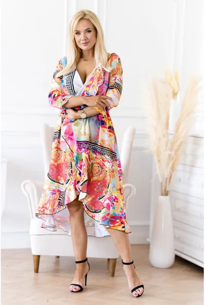 XL-ka Asymetryczna sukienka z falbanką w kolorowy wzór - LILIANE