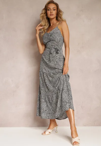 Renee Czarna Kwiecista Sukienka Maxi na Regulowanych Ramiączkach z Materiałowym Paskiem Phoebilu