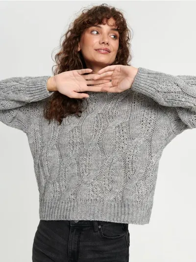 Sinsay Miękki sweter z ozdobnym splotem, uszyty z materiału z dodatkiem wełny. - szary