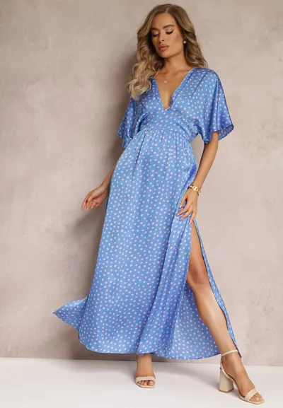 Renee Niebieska Rozkloszowana Sukienka Maxi w Kropki z Głębokim Dekoltem Sallo