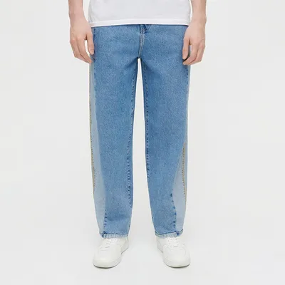 Niebieskie jeansy wide leg z efektem patchwork - Niebieski