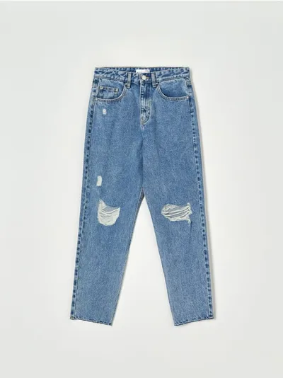 Spodnie jeansowe o luźnym kroju mom, uszyte w 100% z bawełny. - niebieski