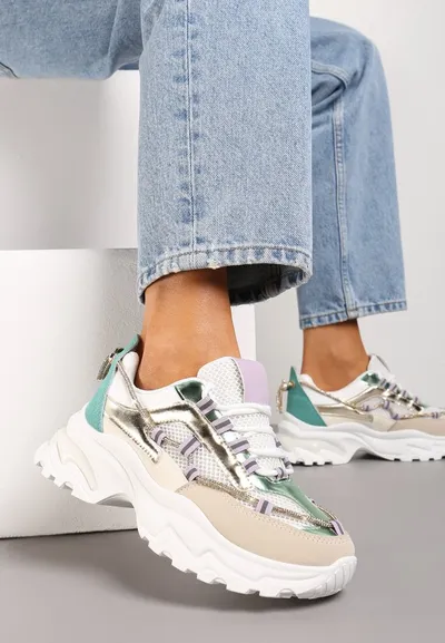 Renee Beżowo-Zielone Sneakersy z Metalicznymi Wstawkami na Niskiej Platformie z Ozdobnym Sznurkiem Oiriema