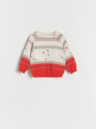 Reserved Sweter o prostym fasonie, wykonany z przyjemnej w dotyku, bawełnianej dzianiny. - kremowy