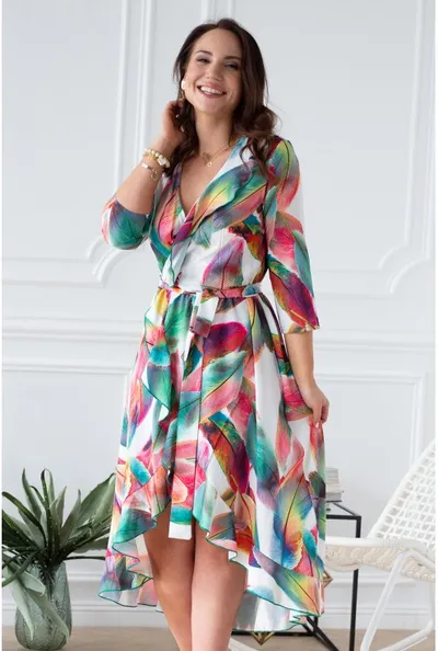 XL-ka Asymetryczna sukienka plus size z falbanką kolorowe pióra - LILIANE