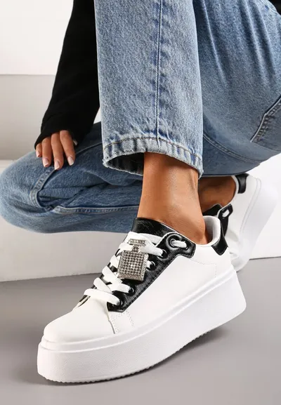 Renee Biało-Czarne Sneakersy na Platformie z Odpinaną Aplikacją z Cyrkoniami na Sznurówkach Oceanette