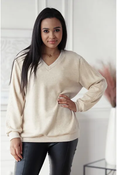 XL-ka Beżowy sweter z ażurową taśmą na rękawie - Lores
