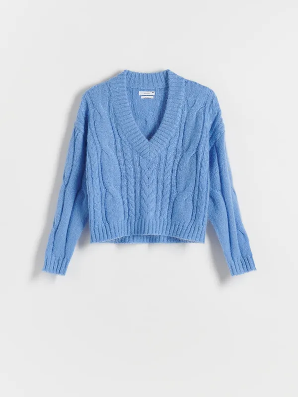 Sweter z kolekcji PREMIUM, wykonany z dzianiny z wełną. - niebieski