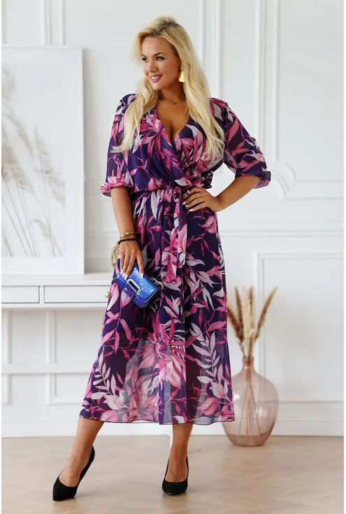 Fioletowa sukienka maxi z kopertowym dekoltem w różowe liście - ADELA
