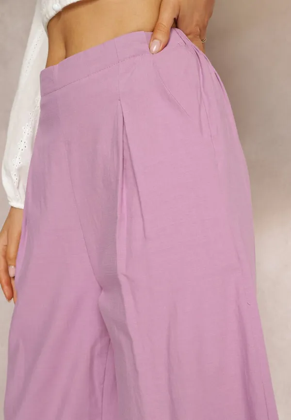 Fioletowe Szerokie Spodnie z Gumką w Pasie Vithan