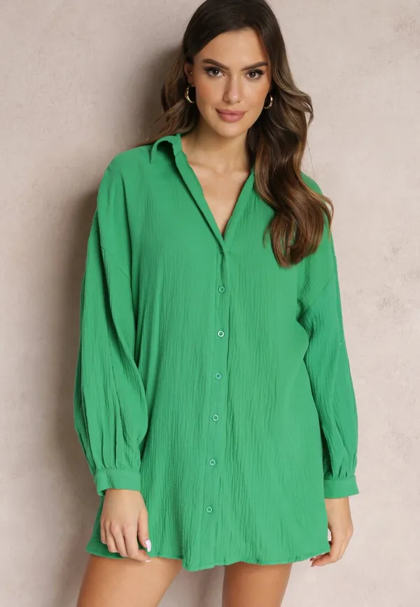 Zielona Bawełniana Koszula Oversize z Przedłużonym Tyłem Gelacia