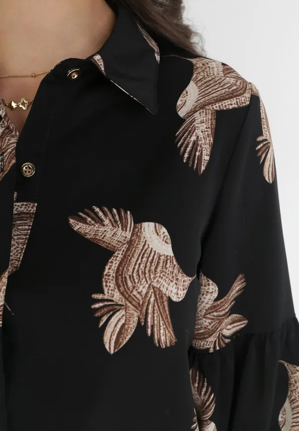 Czarna Koszula z Wiskozy ze Wzorem w Ptaki Angia