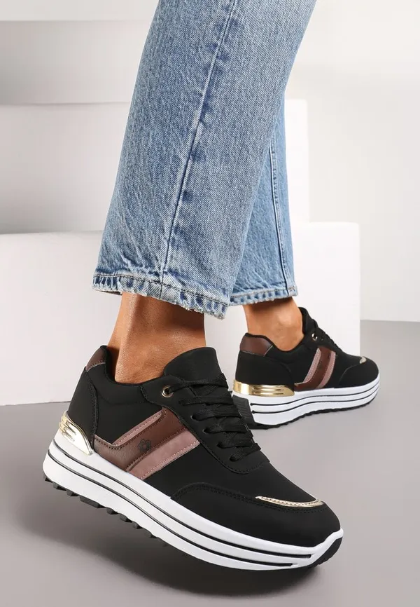 Czarne Sneakersy z Dekoracyjnymi Wstawkami na Platformie w Paski Letorra