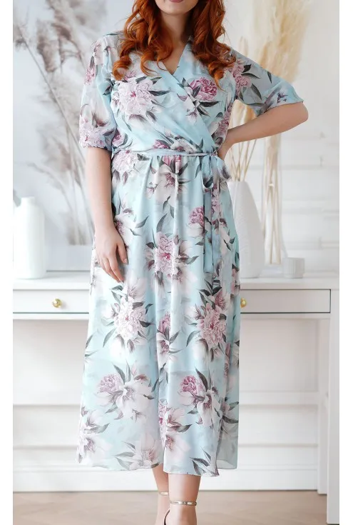 Błękitna sukienka maxi w kwiaty z kopertowym dekoltem - ADELA