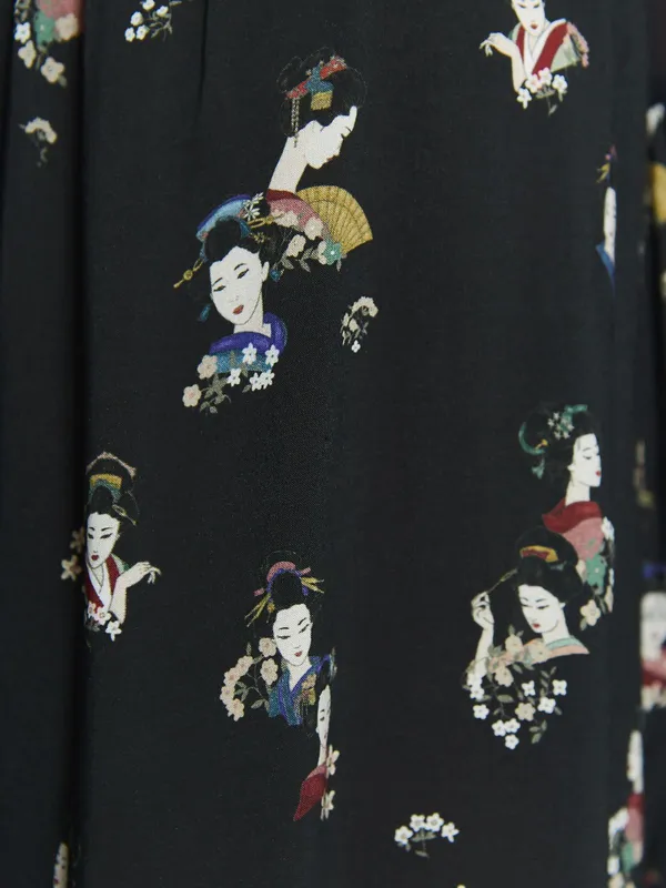 Bluzka damska elegancka w japoński druk, na ramionach szyfonowe wstawki