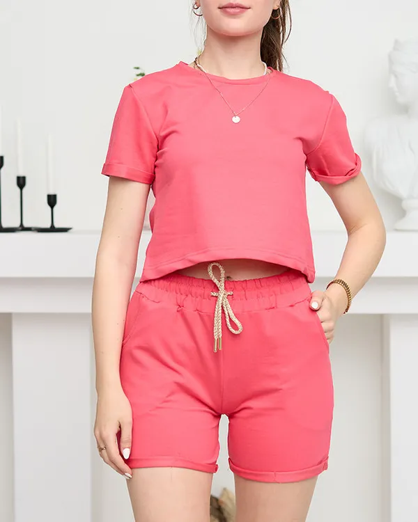 Neonowy różowy damski bawełniany sportowy komplet dresowy - Odzież - Różowy || Neonowy