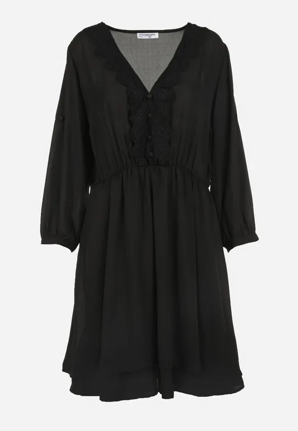 Czarna Rozkloszowana Sukienka Midi z Ozdobnym Dekoltem i Gumką w Pasie Braely