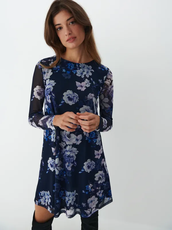 Sukienka mini w kwiaty - Granatowy