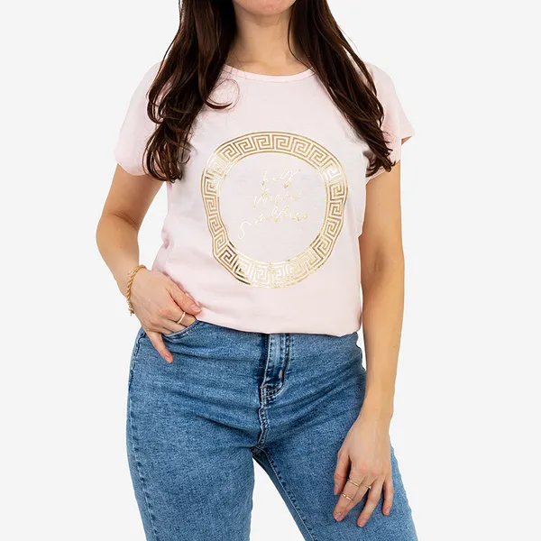T-shirt damski w kolorze różowym ze złotym nadrukiem PLUS SIZE - Odzież - Różowy