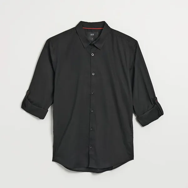 Czarna koszula regular fit z podwijanym rękawem - Czarny