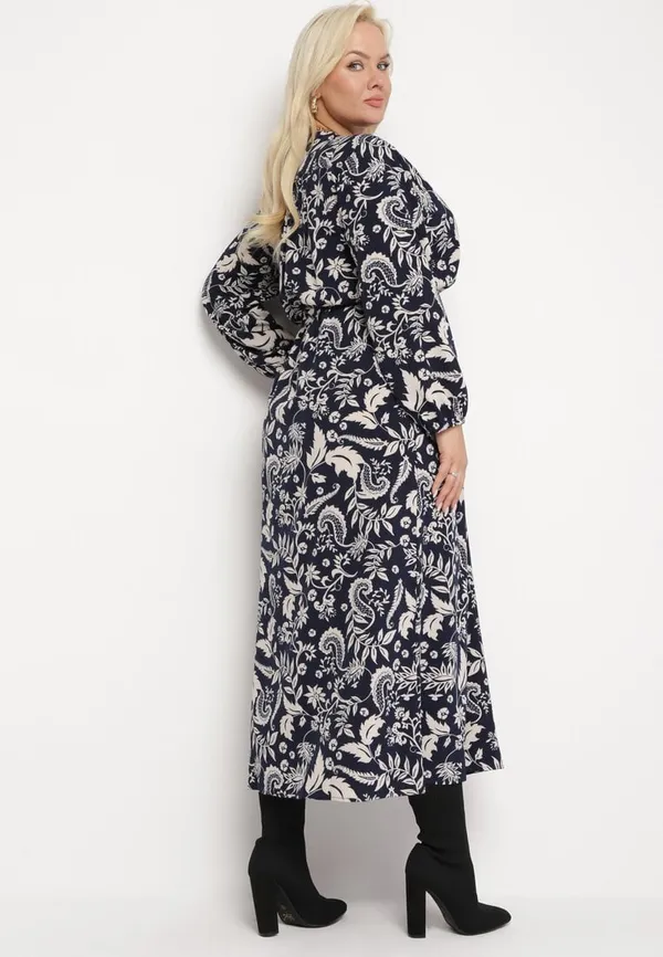 Granatowa Sukienka Maxi o Rozkloszowanym Fasonie w Modny Print Renni