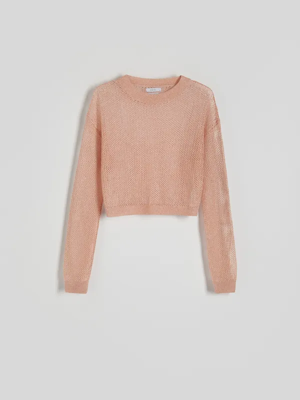 Ażurowy sweter o krótszym fasonie, wykonany z dzianiny z wiskozą. - jasnopomarańczowy