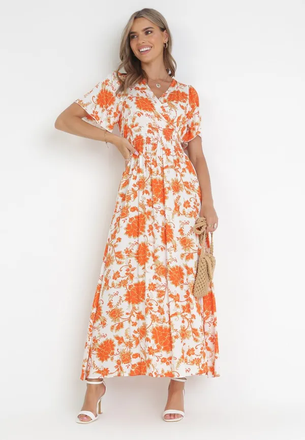 Pomarańczowa Rozkloszowana Sukienka z Wiskozy w Kwiaty Rawnie