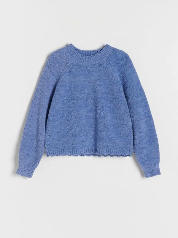 Sweter o swobodnym kroju, wykonany z dzianiny z bawełną. - niebieski