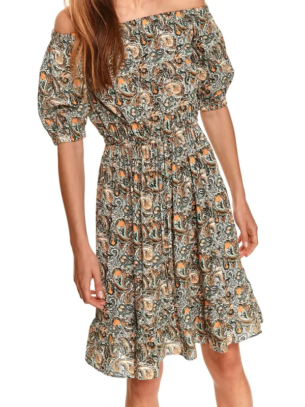 Sukienka w drobny nadruk z odkrytymi ramionami