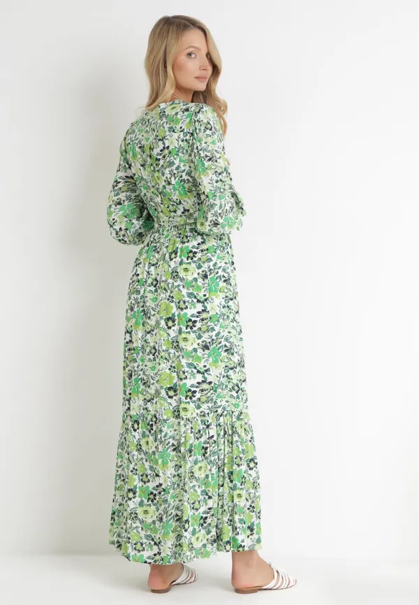 Zielona Kwiecista Sukienka Maxi z Wiskozy z Gumką w Talii i Materiałowym Paskiem Alilline