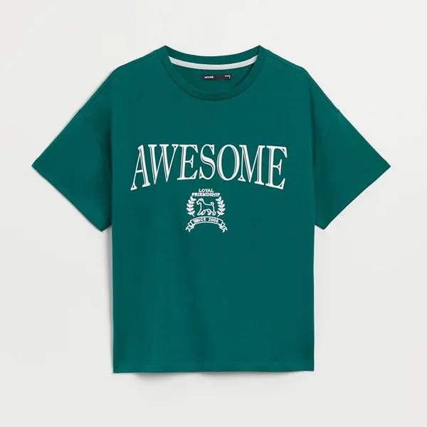 Luźna koszulka nadrukiem Awesome beżowa - Khaki