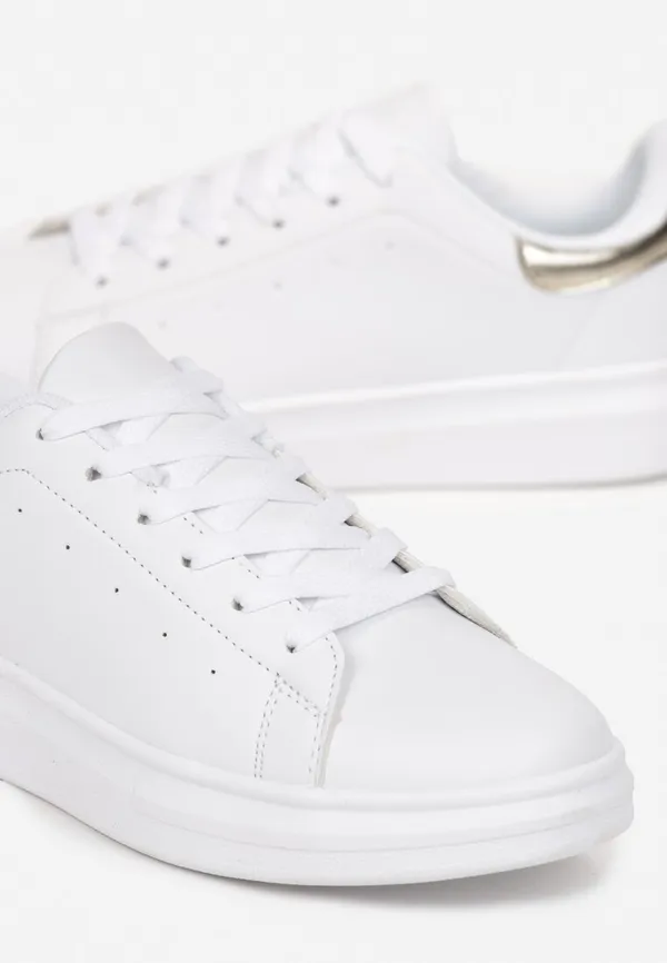 Biało-Złote Sznurowane Sneakersy na Płaskiej Podeszwie Didi