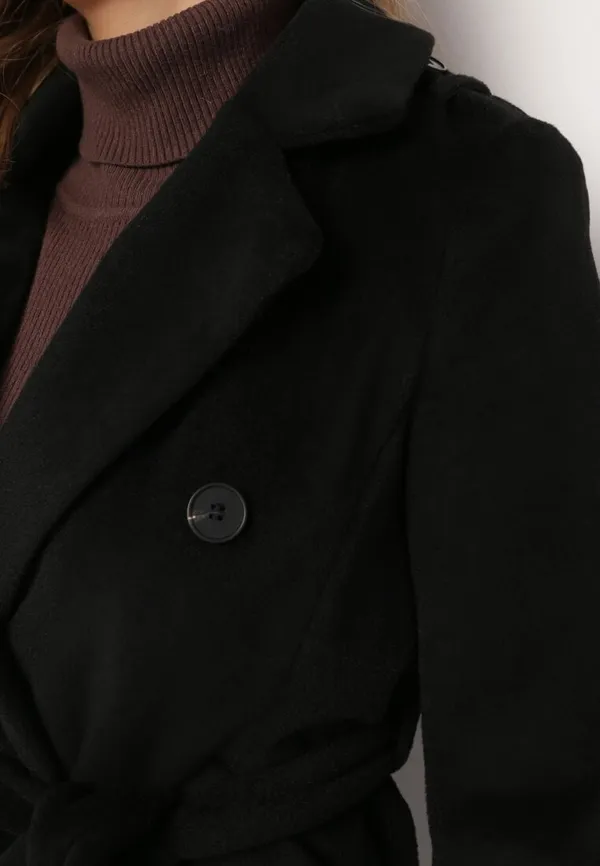 Czarny Wiskozowy Płaszcz o Dwurzędowym Fasonie z Materiałowym Paskiem Silvina