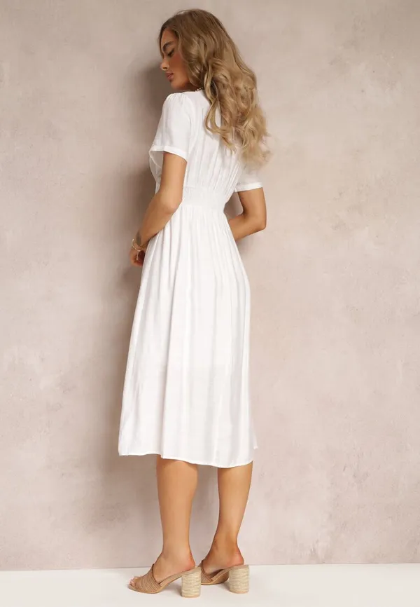 Biała Haftowana Sukienka Midi z Gumkami w Talii i Krótkimi Rękawami Makala