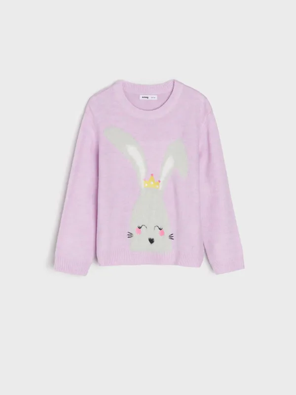 Miękki sweter z ozdobnym króliczkiem. - fioletowy