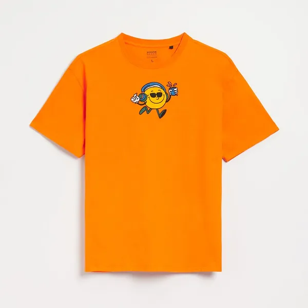 Pomarańczowa koszulka loose long z haftem - Pomarańczowy